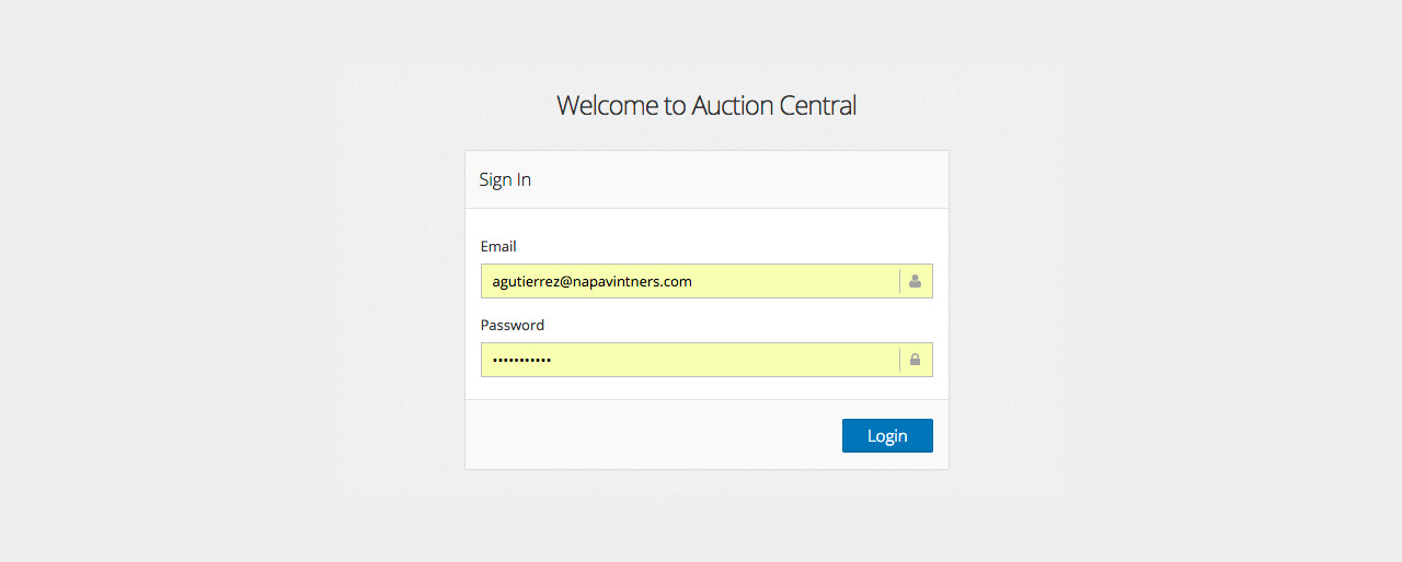 Auction Central login screen